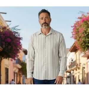 Murano Collezione Mens Shirt Classic Comfort Prep Silk Blend SZ LG Brown Striped